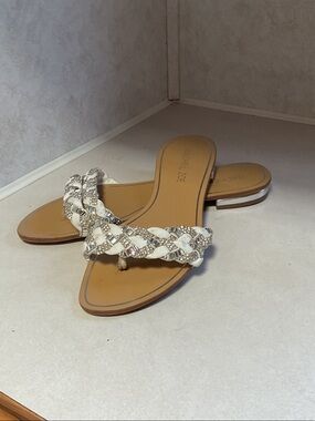Rachel Zoe Embellished Braided Flat Slide Sandals — White & Silver